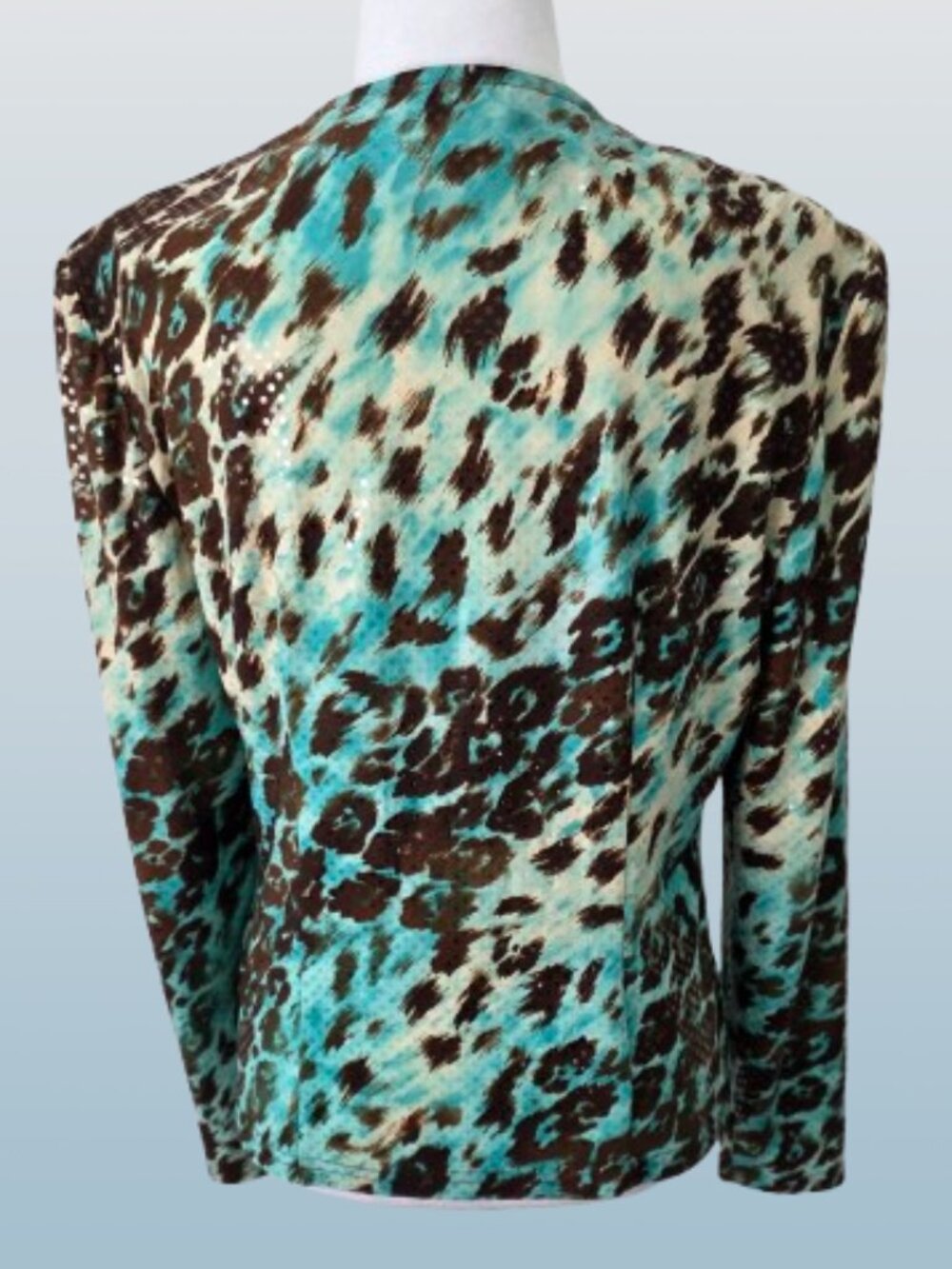 Joseph Ribkoff Aqua Leopard Print Paillette Zip Blazer Jacket | Size 12 - Picture 3 of 9